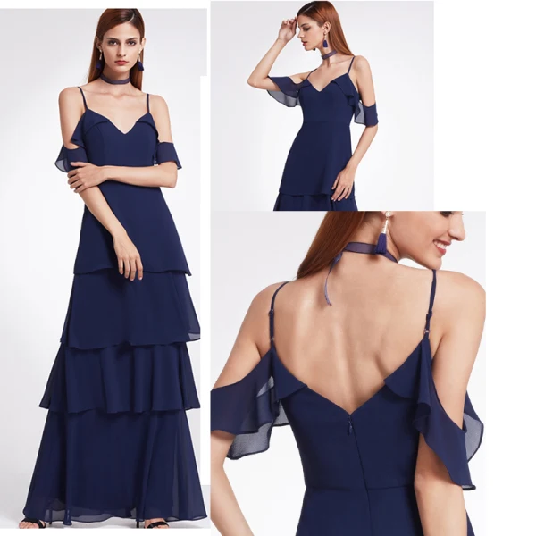 Enkel Lavendel Chiffon Brudepigekjoler 2019 Prinsesse Spaghetti Straps Kort Ærme Lange Cascading Flæser Halterneck Kjoler Til Bryllup