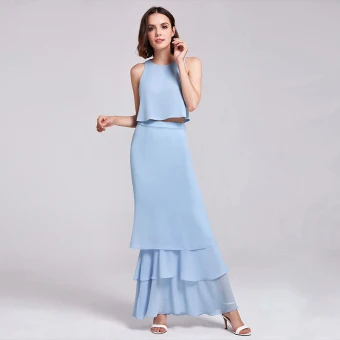 2 Stykker Himmelen Blå Chiffon Brudepikekjoler 2019 Prinsesse Scoop Halsen Uten Ermer Lange Gripende Ruffles Ryggløse Kjoler Til Bryllup