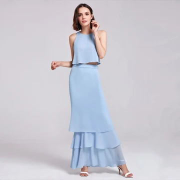 2 Piece Sky Blue Chiffon Bridesmaid Dresses 2019 A Line Princess Scoop Neck Sleeveless Floor Length Long Cascading Ruffles Backless Wedding Party Dresses