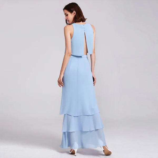2 Piece Sky Blue Chiffon Bridesmaid Dresses 2019 A-Line / Princess Scoop Neck Sleeveless Floor-Length / Long Cascading Ruffles Backless Wedding Party Dresses