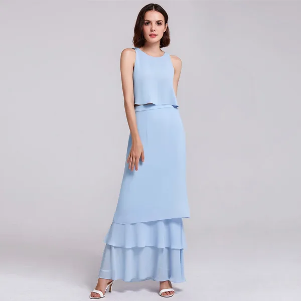 2 Piece Sky Blue Chiffon Bridesmaid Dresses 2019 A-Line / Princess Scoop Neck Sleeveless Floor-Length / Long Cascading Ruffles Backless Wedding Party Dresses