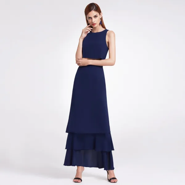 2 Piece Sky Blue Chiffon Bridesmaid Dresses 2019 A-Line / Princess Scoop Neck Sleeveless Floor-Length / Long Cascading Ruffles Backless Wedding Party Dresses