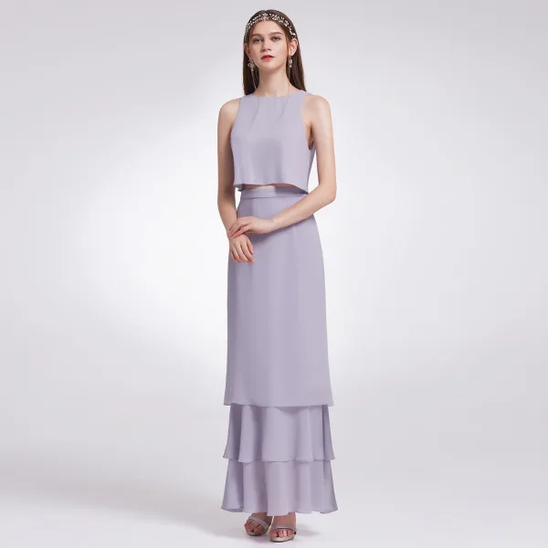 2 Piece Sky Blue Chiffon Bridesmaid Dresses 2019 A-Line / Princess Scoop Neck Sleeveless Floor-Length / Long Cascading Ruffles Backless Wedding Party Dresses