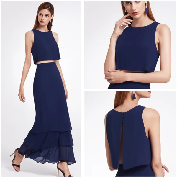 2 Piece Sky Blue Chiffon Bridesmaid Dresses 2019 A-Line / Princess Scoop Neck Sleeveless Floor-Length / Long Cascading Ruffles Backless Wedding Party Dresses