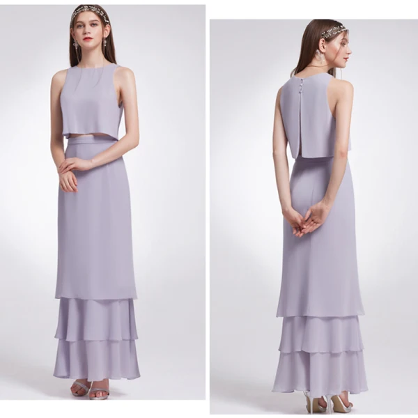 2 Piece Sky Blue Chiffon Bridesmaid Dresses 2019 A-Line / Princess Scoop Neck Sleeveless Floor-Length / Long Cascading Ruffles Backless Wedding Party Dresses
