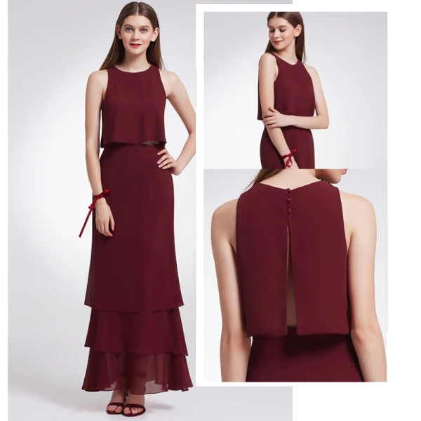 2 Piece Sky Blue Chiffon Bridesmaid Dresses 2019 A-Line / Princess Scoop Neck Sleeveless Floor-Length / Long Cascading Ruffles Backless Wedding Party Dresses