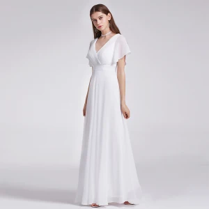 Enkel Elfenben Chiffon Brudepikekjoler 2019 Empire V Hals Korte Ermer Sash Feie Tog Buste Ryggløse Kjoler Til Bryllup