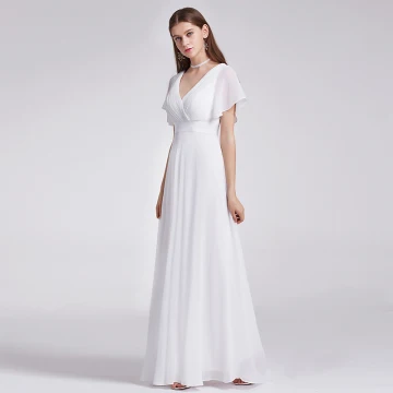 Enkel Elfenben Chiffon Brudepikekjoler 2019 Empire V Hals Korte Ermer Sash Feie Tog Buste Ryggløse Kjoler Til Bryllup