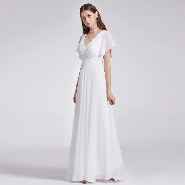 Enkel Elfenben Chiffon Brudepikekjoler 2019 Empire V Hals Korte Ermer Sash Feie Tog Buste Ryggløse Kjoler Til Bryllup