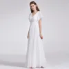 Modest / Simple Ivory Chiffon Bridesmaid Dresses 2019 Empire V-Neck Short Sleeve Sash Sweep Train Ruffle Backless Wedding Party Dresses