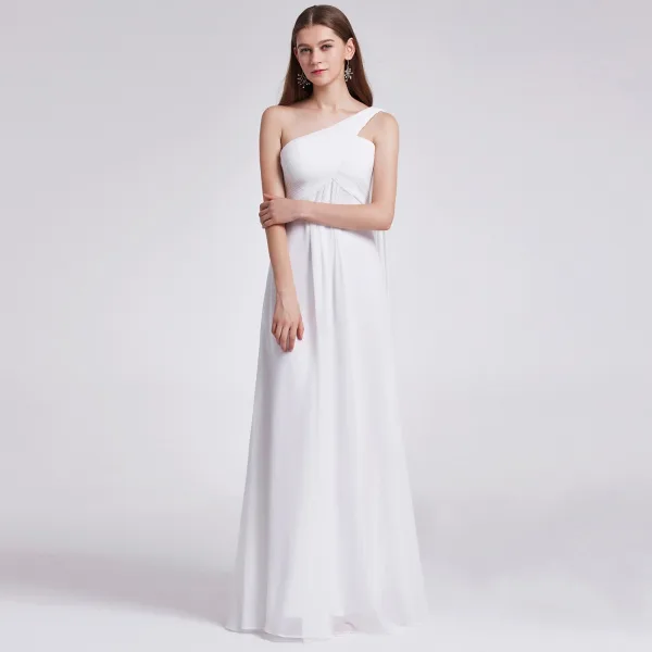 Eenvoudige Chiffon Bruidsmeisjes Jurken 2019 Imperium Een Schouder Mouwloos Lange Ruche Ruglooze Jurken Voor Bruiloft