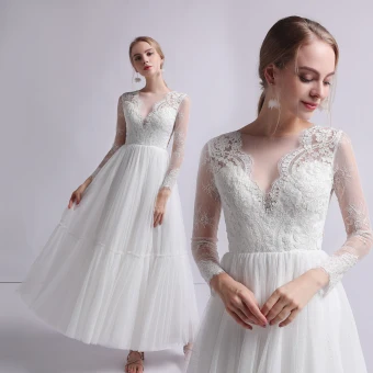 Charming Ivory Outdoor Garden Wedding Dresses 2019 A Line Princess Scoop Neck Long Sleeve See Through Appliques Lace Ankle Length Ruffle