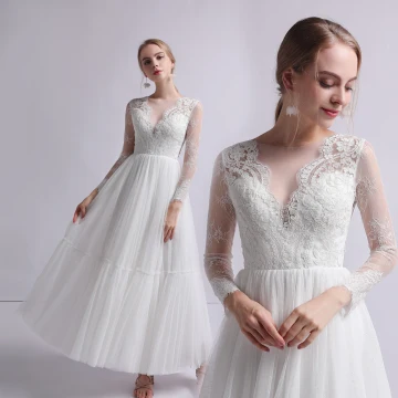 Charming Ivory Outdoor Garden Wedding Dresses 2019 A Line Princess Scoop Neck Long Sleeve See Through Appliques Lace Ankle Length Ruffle