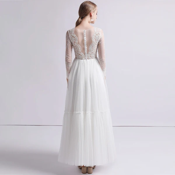 Charming Ivory Outdoor / Garden Wedding Dresses 2019 A-Line / Princess Scoop Neck Long Sleeve See-through Appliques Lace Ankle Length Ruffle