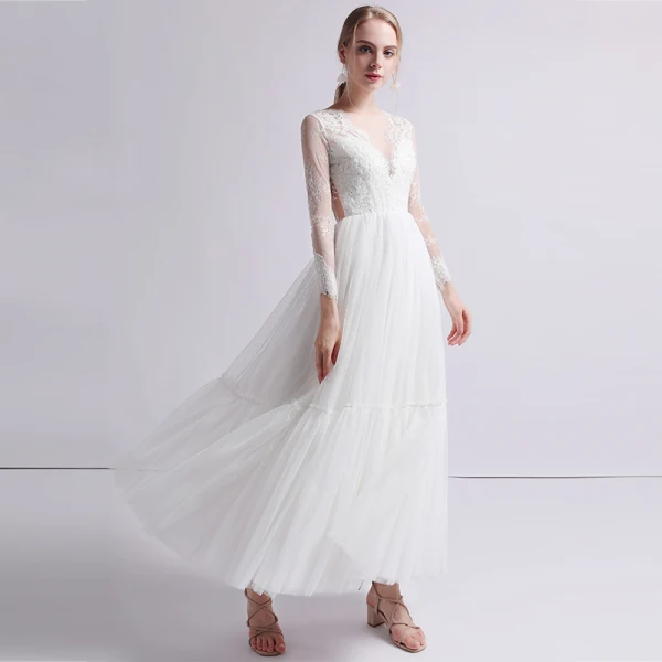 Charming Ivory Outdoor / Garden Wedding Dresses 2019 A-Line / Princess Scoop Neck Long Sleeve See-through Appliques Lace Ankle Length Ruffle