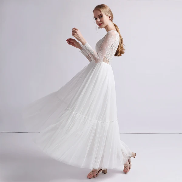Charming Ivory Outdoor / Garden Wedding Dresses 2019 A-Line / Princess Scoop Neck Long Sleeve See-through Appliques Lace Ankle Length Ruffle