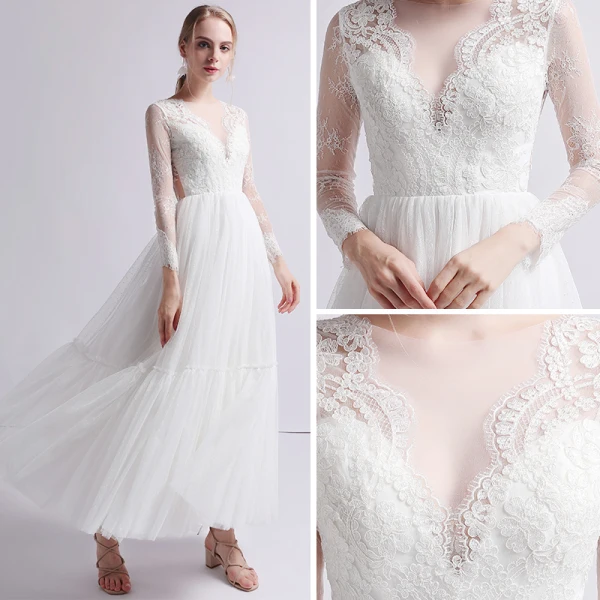 Charming Ivory Outdoor / Garden Wedding Dresses 2019 A-Line / Princess Scoop Neck Long Sleeve See-through Appliques Lace Ankle Length Ruffle