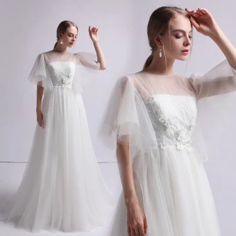 Simple Ivoire Transparentes Robe De Mariée 2019 Princesse Encolure Carrée 1 2 Manches Dos Nu Appliques En Dentelle Perle Train De Balayage Volants