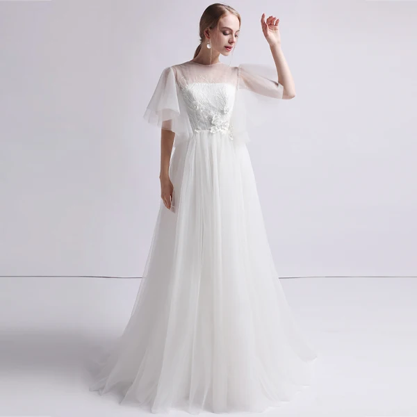 Schlicht Ivory / Creme Durchsichtige Brautkleider / Hochzeitskleider 2019 A Linie Eckiger Ausschnitt 1/2 Ärmel Rückenfreies Applikationen Spitze Perle Sweep / Pinsel Zug Rüschen