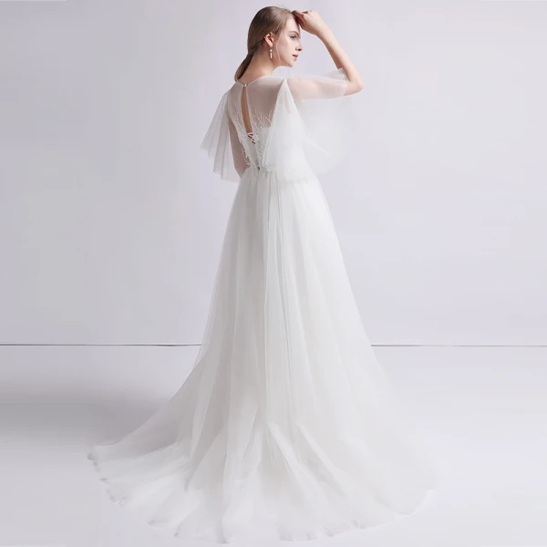 Schlicht Ivory / Creme Durchsichtige Brautkleider / Hochzeitskleider 2019 A Linie Eckiger Ausschnitt 1/2 Ärmel Rückenfreies Applikationen Spitze Perle Sweep / Pinsel Zug Rüschen
