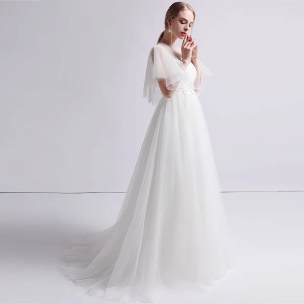 Schlicht Ivory / Creme Durchsichtige Brautkleider / Hochzeitskleider 2019 A Linie Eckiger Ausschnitt 1/2 Ärmel Rückenfreies Applikationen Spitze Perle Sweep / Pinsel Zug Rüschen
