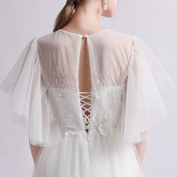 Schlicht Ivory / Creme Durchsichtige Brautkleider / Hochzeitskleider 2019 A Linie Eckiger Ausschnitt 1/2 Ärmel Rückenfreies Applikationen Spitze Perle Sweep / Pinsel Zug Rüschen