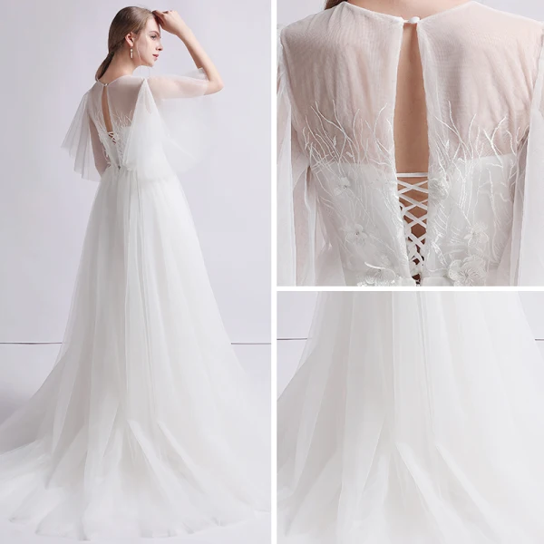 Schlicht Ivory / Creme Durchsichtige Brautkleider / Hochzeitskleider 2019 A Linie Eckiger Ausschnitt 1/2 Ärmel Rückenfreies Applikationen Spitze Perle Sweep / Pinsel Zug Rüschen