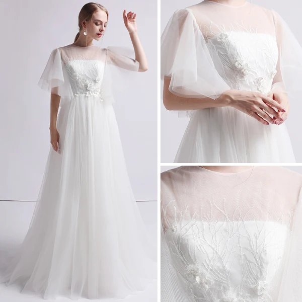 Schlicht Ivory / Creme Durchsichtige Brautkleider / Hochzeitskleider 2019 A Linie Eckiger Ausschnitt 1/2 Ärmel Rückenfreies Applikationen Spitze Perle Sweep / Pinsel Zug Rüschen