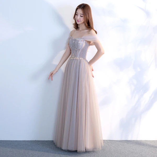 Elegant Grey Prom Dresses 2018 A-Line / Princess Off-The-Shoulder Short Sleeve Beading Crystal Rhinestone Sash Floor-Length / Long Ruffle Backless Formal Dresses