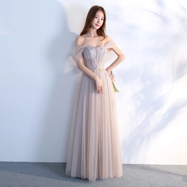 Elegant Grey Prom Dresses 2018 A-Line / Princess Off-The-Shoulder Short Sleeve Beading Crystal Rhinestone Sash Floor-Length / Long Ruffle Backless Formal Dresses