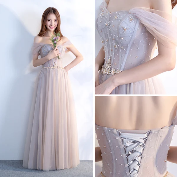 Elegant Grey Prom Dresses 2018 A-Line / Princess Off-The-Shoulder Short Sleeve Beading Crystal Rhinestone Sash Floor-Length / Long Ruffle Backless Formal Dresses