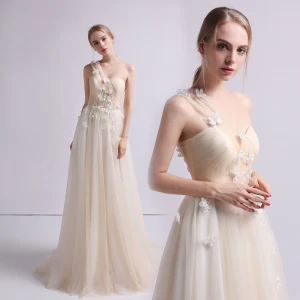 Romantic Champagne Beach Wedding Dresses 2019 A Line Princess One Shoulder Sleeveless Backless Butterfly Appliques Lace Beading Sweep Train Ruffle