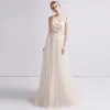 Romantic Champagne Beach Wedding Dresses 2019 A-Line / Princess One-Shoulder Sleeveless Backless Butterfly Appliques Lace Beading Sweep Train Ruffle