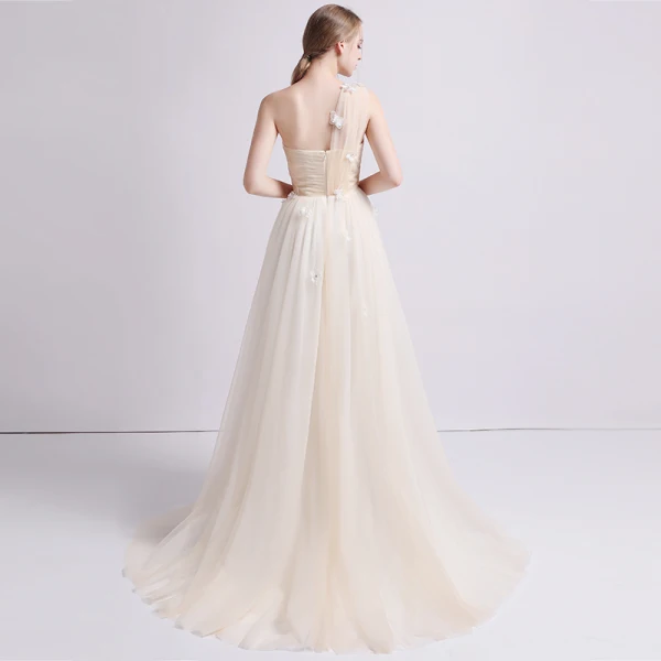Romantisch Champagner Strand Brautkleider / Hochzeitskleider 2019 A Linie One-Shoulder Ärmellos Rückenfreies Schmetterling Applikationen Spitze Perlenstickerei Sweep / Pinsel Zug Rüschen