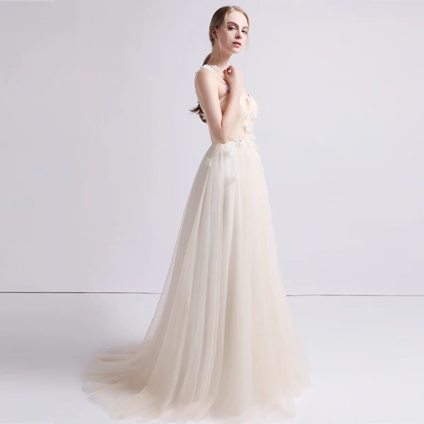 Romantisch Champagner Strand Brautkleider / Hochzeitskleider 2019 A Linie One-Shoulder Ärmellos Rückenfreies Schmetterling Applikationen Spitze Perlenstickerei Sweep / Pinsel Zug Rüschen