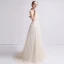 Romantisch Champagner Strand Brautkleider / Hochzeitskleider 2019 A Linie One-Shoulder Ärmellos Rückenfreies Schmetterling Applikationen Spitze Perlenstickerei Sweep / Pinsel Zug Rüschen
