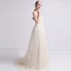 Romantic Champagne Beach Wedding Dresses 2019 A-Line / Princess One-Shoulder Sleeveless Backless Butterfly Appliques Lace Beading Sweep Train Ruffle