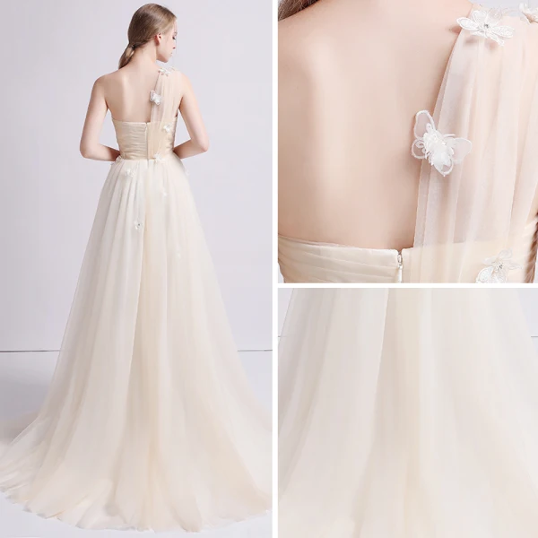 Romantisch Champagner Strand Brautkleider / Hochzeitskleider 2019 A Linie One-Shoulder Ärmellos Rückenfreies Schmetterling Applikationen Spitze Perlenstickerei Sweep / Pinsel Zug Rüschen