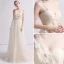 Romantisch Champagner Strand Brautkleider / Hochzeitskleider 2019 A Linie One-Shoulder Ärmellos Rückenfreies Schmetterling Applikationen Spitze Perlenstickerei Sweep / Pinsel Zug Rüschen