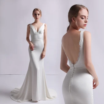 Simple Ivoire Satin Robe De Mariée 2019 Trompette Sirène V Cou Sans Manches Dos Nu Train De Balayage Volants