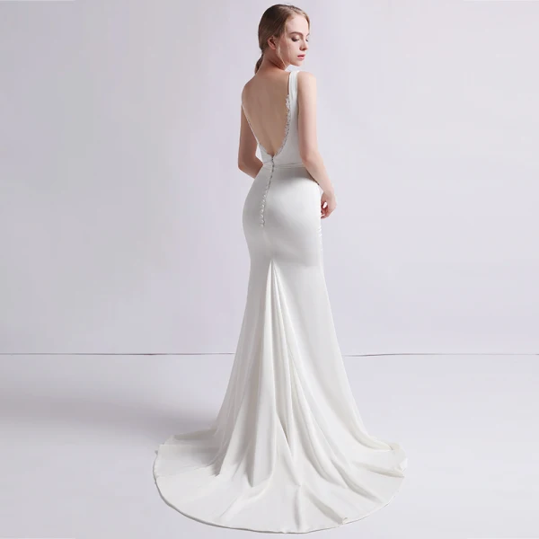 Simple Ivoire Satin Robe De Mariée 2019 Trompette / Sirène V-Cou Sans Manches Dos Nu Train De Balayage Volants