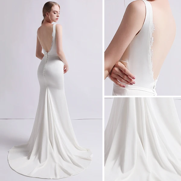Simple Ivoire Satin Robe De Mariée 2019 Trompette / Sirène V-Cou Sans Manches Dos Nu Train De Balayage Volants