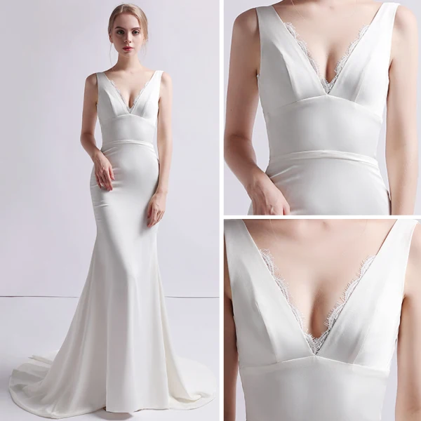 Simple Ivoire Satin Robe De Mariée 2019 Trompette / Sirène V-Cou Sans Manches Dos Nu Train De Balayage Volants