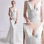Simple Ivoire Satin Robe De Mariée 2019 Trompette / Sirène V-Cou Sans Manches Dos Nu Train De Balayage Volants