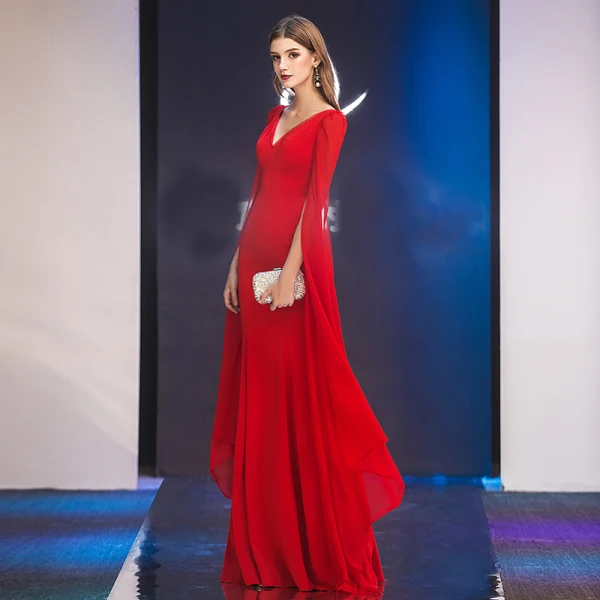 Modern / Fashion Ivory Chiffon Evening Dresses 2019 Trumpet / Mermaid V-Neck Long Sleeve Floor-Length / Long Ruffle Backless Formal Dresses