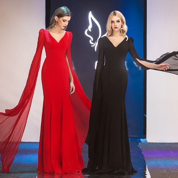 Modern / Fashion Ivory Chiffon Evening Dresses 2019 Trumpet / Mermaid V-Neck Long Sleeve Floor-Length / Long Ruffle Backless Formal Dresses