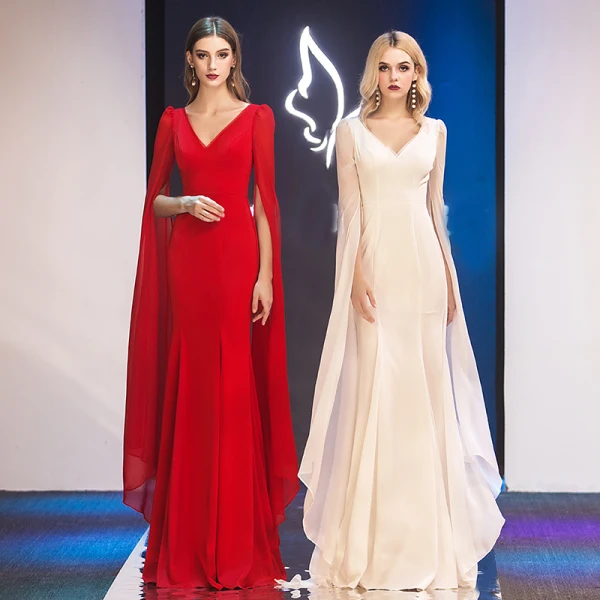 Modern / Fashion Ivory Chiffon Evening Dresses 2019 Trumpet / Mermaid V-Neck Long Sleeve Floor-Length / Long Ruffle Backless Formal Dresses