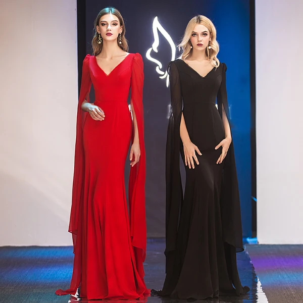 Modern / Fashion Ivory Chiffon Evening Dresses 2019 Trumpet / Mermaid V-Neck Long Sleeve Floor-Length / Long Ruffle Backless Formal Dresses