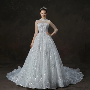 Bling Bling Vita Genomskinliga Bröllopsklänningar 2019 Prinsessa Hög Hals 3 4 Ärm Halterneck Beading Glittriga Glitter Paljetter Cathedral Train Ruffle