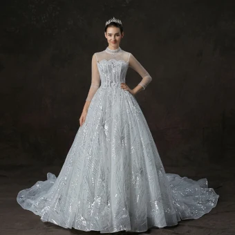 Bling Bling White See Through Wedding Dresses 2019 A Line Princess High Neck 3 4 Sleeve Backless Beading Glitter Sequins Cathedral Train Ruffle